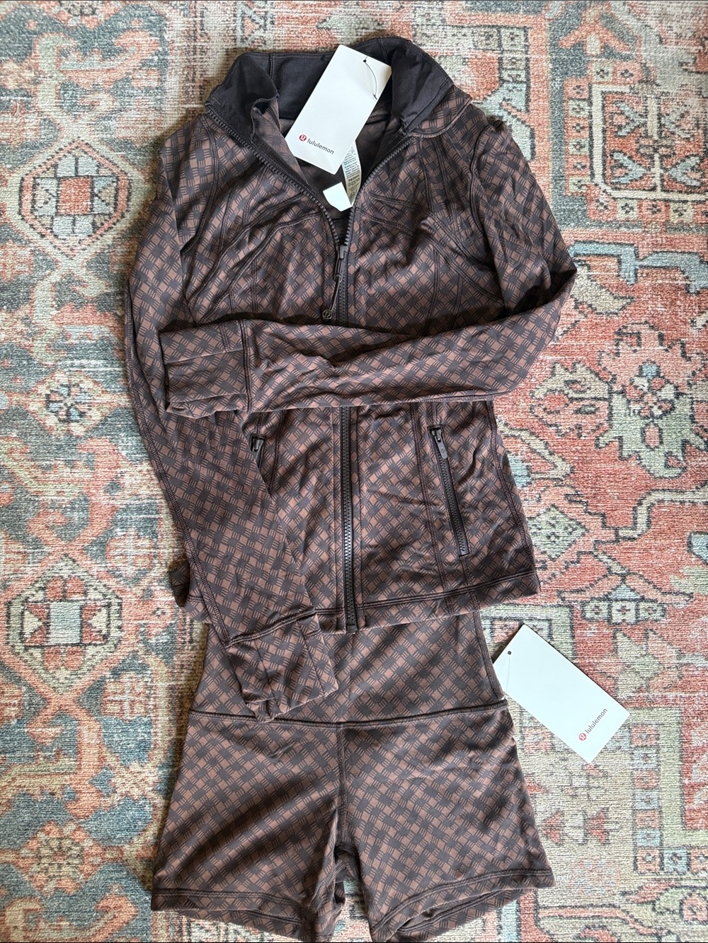 Lululemon Women's Brown Geometric Full-Zip Performance Jacket and Short Set